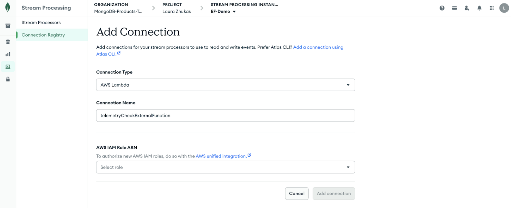 Screenshot of the Atlas UI for adding a AWS Lambda connection.